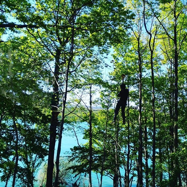 Tyrolienne au-dessus du Lac de Montbel, entourée d'arbres